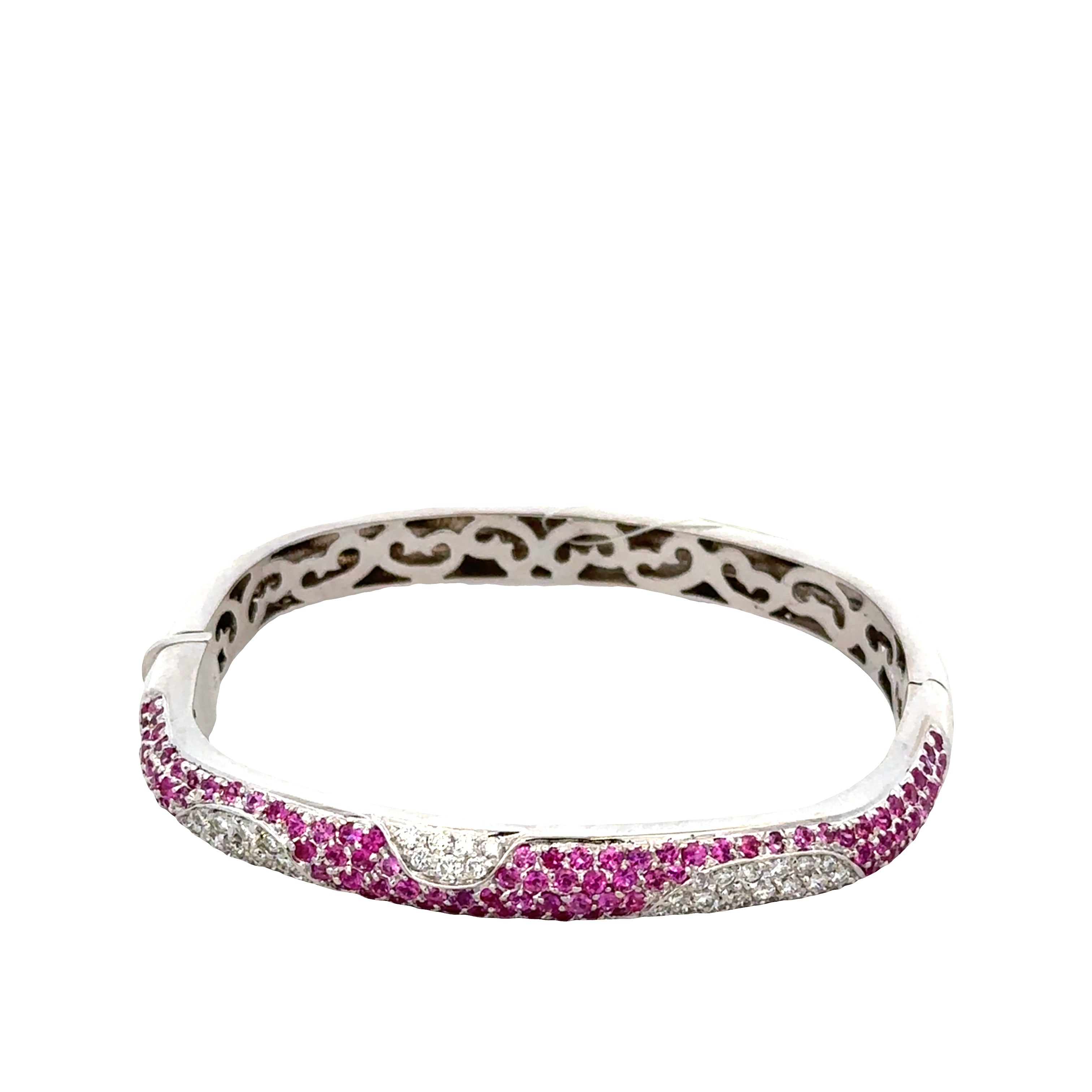 Estate 18k White Gold Pink Sapphire & Diamond Swirl Bangle – Fits 6"–6.75" Wrist