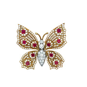 Ruby and Diamond Butterfly Brooch in 18k Yellow Gold and Platinum