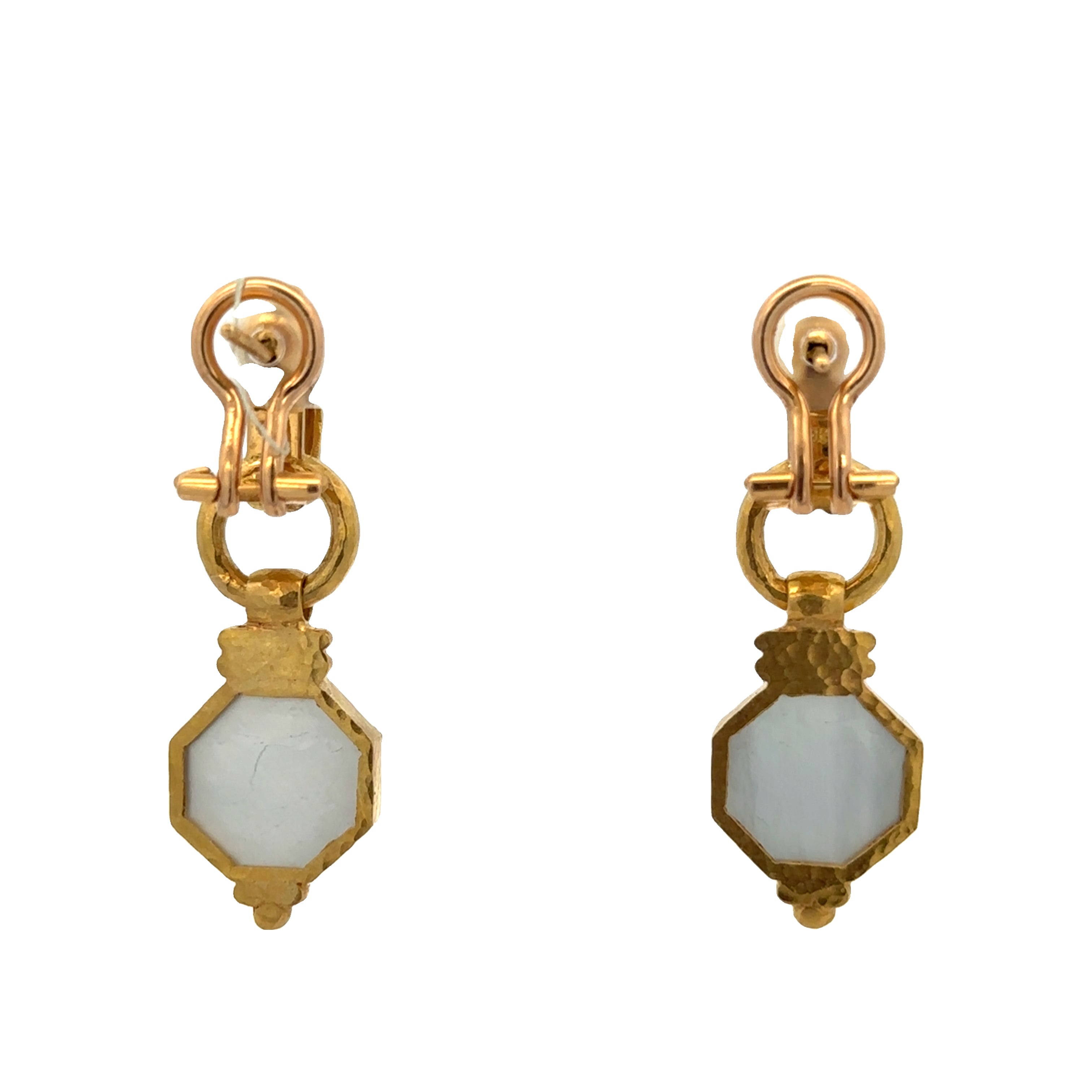 Estate Elizabeth Locke Blue Venetian Mother of Pearl Dangle Earrings in 19k Yellow Gold