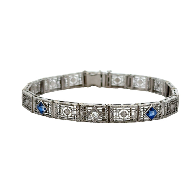 Vintage Art Deco White Gold Synthetic Sapphire and Diamond Bracelet in White Gold