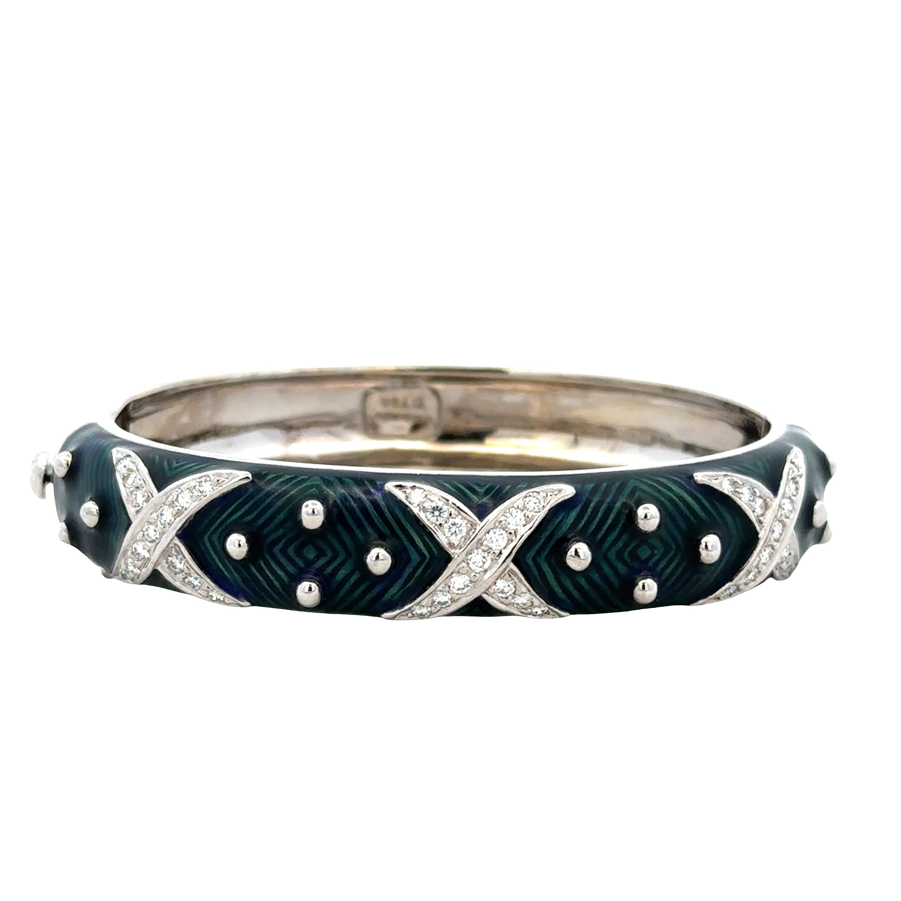 Estate Hidalgo 18k White Gold Enamel & Diamond “X” Design Bangle Bracelet – 6" to 6.5" Wrist