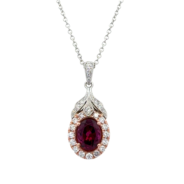 Rhodolite Garnet and Diamond Pendant in Two Tone Gold