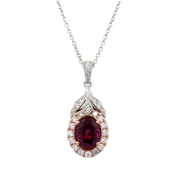 Rhodolite Garnet and Diamond Pendant in Two Tone Gold