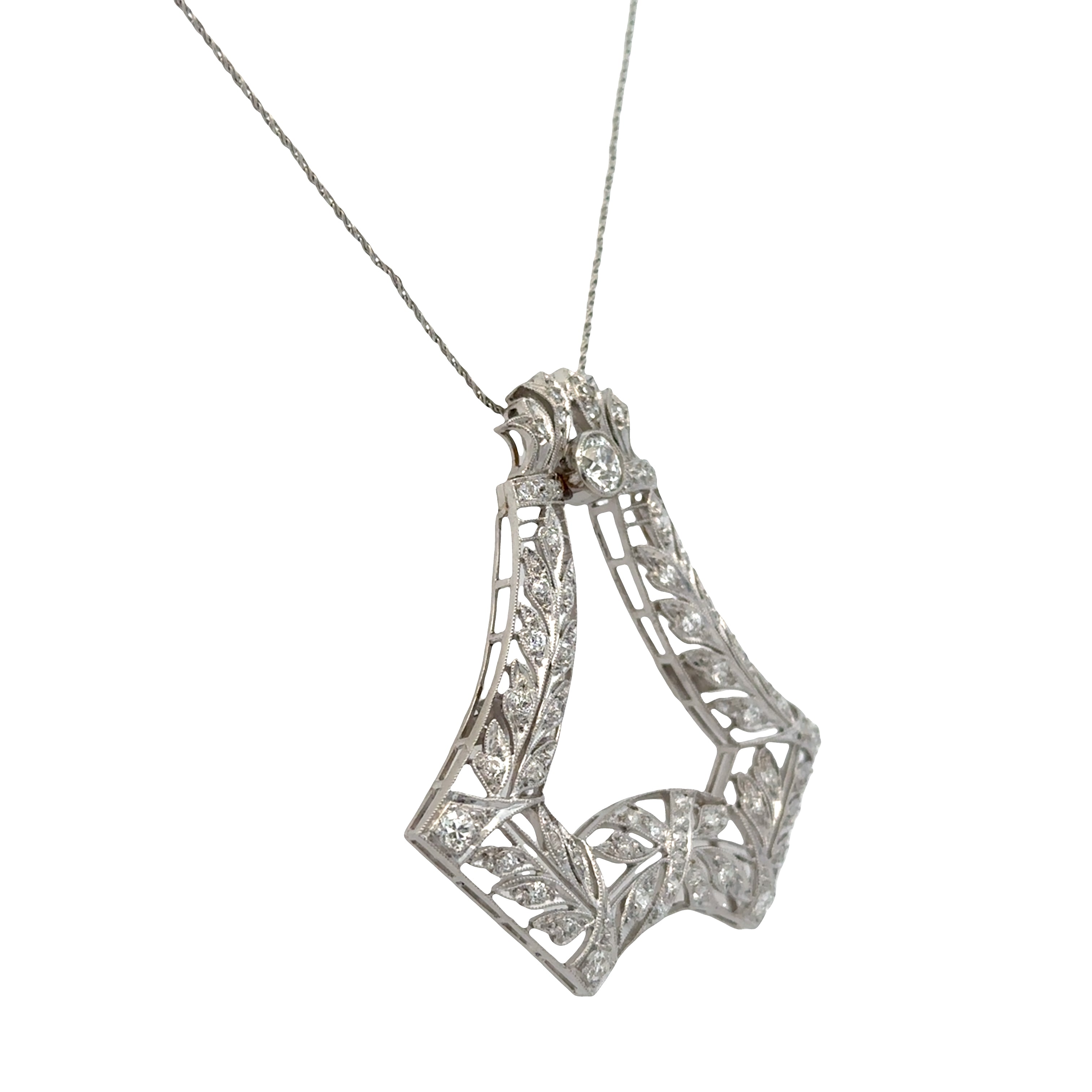 Antique Edwardian Platinum Diamond Pendant – 1.99 Carats, Openwork Filigree Design (Circa 1910s)