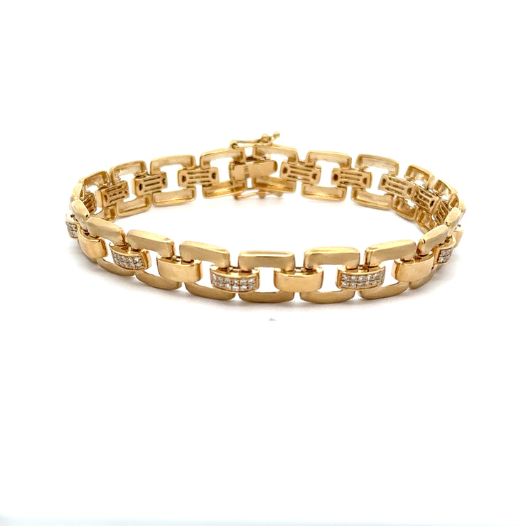 Brushed Diamond Square Link Bracelet in Yellow Gold