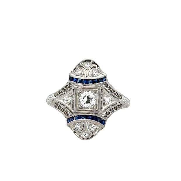 Antique Art Deco Diamond and Sapphire Cocktail Ring in Platinum