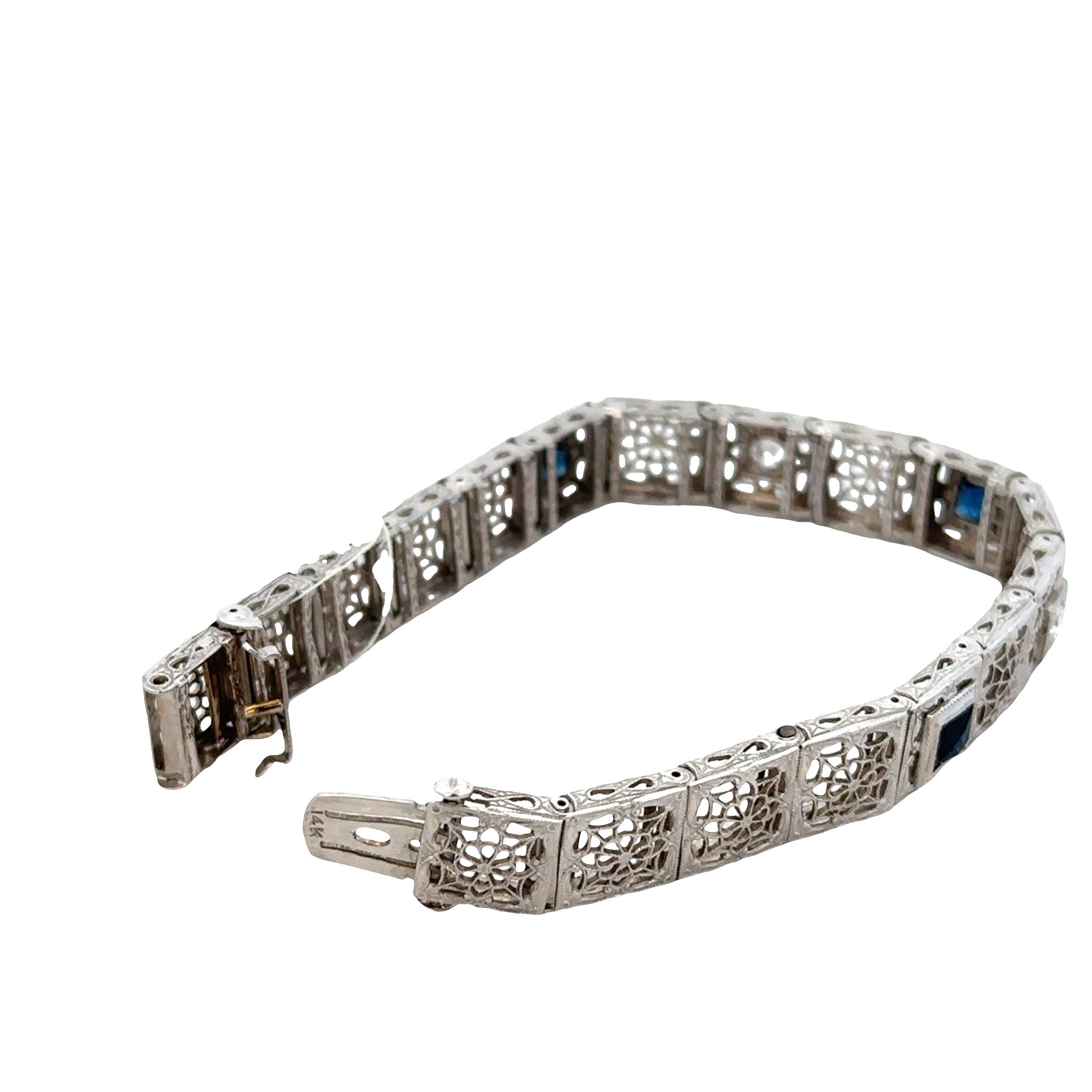 Vintage Art Deco 14k White Gold Filigree Sapphire & Diamond Panel Link Bracelet – Circa 1930s