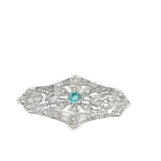 Vintage Art Deco Blue Zircon and Diamond Brooch in White Gold