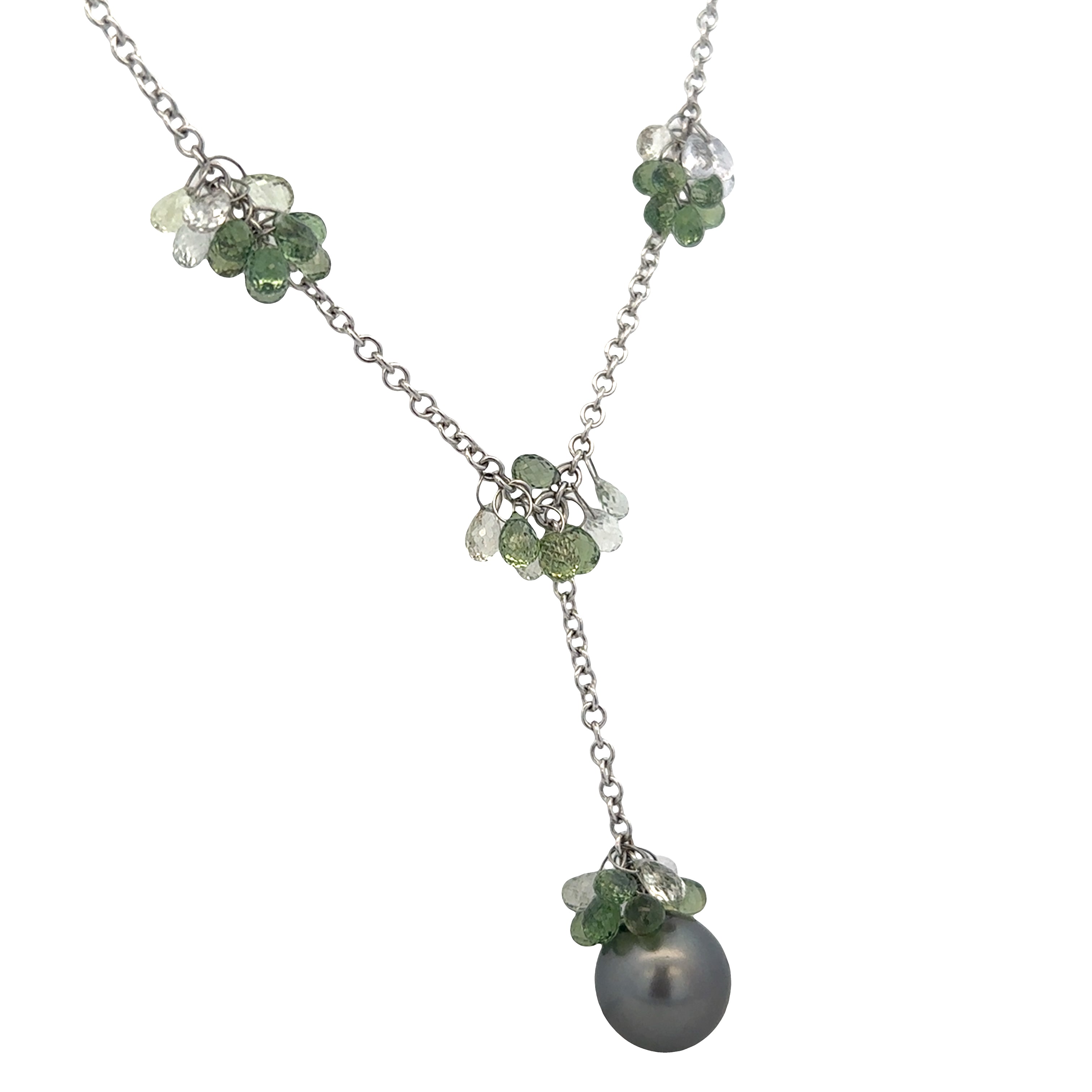 18k White Gold Tahitian Pearl & Briolette Sapphire Necklace – 16"