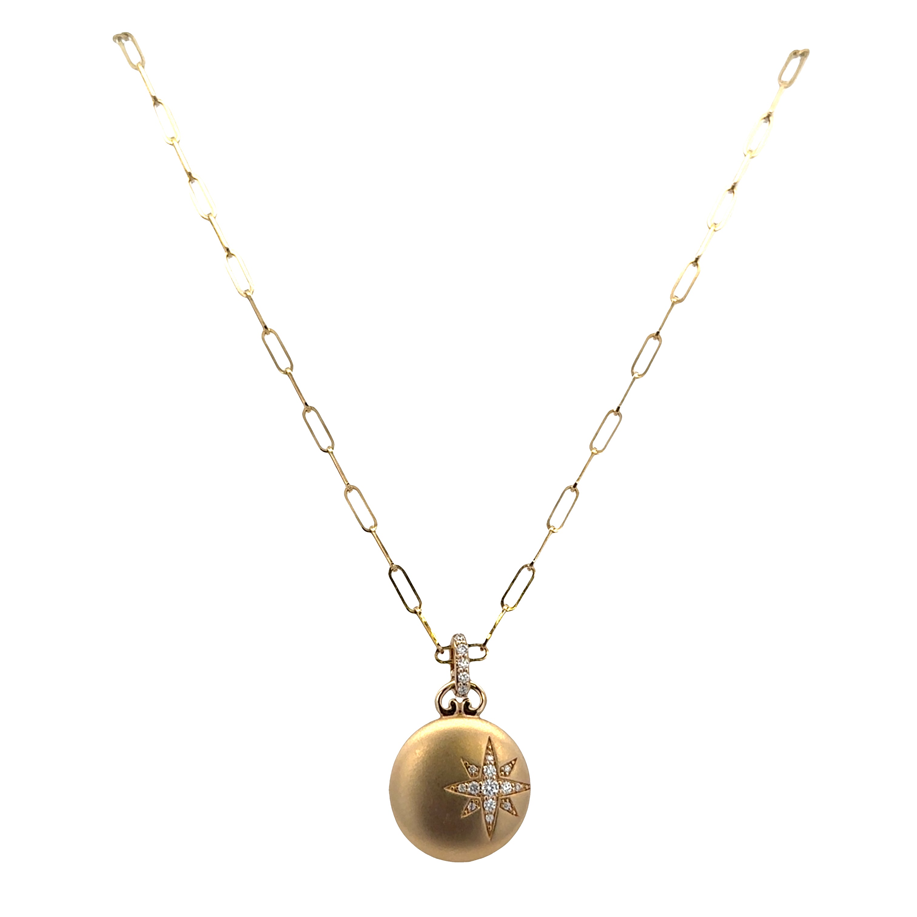 14k Yellow Gold Brushed Disc Star Pendant Necklace with 0.14 CTW Diamonds – 18" Paperclip Chain