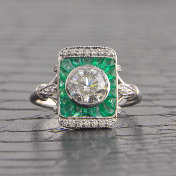 Art Deco Inspired 1.01 ct. H-VS2 Old European Cut Diamond and Emerald Ring in 18k White Gold