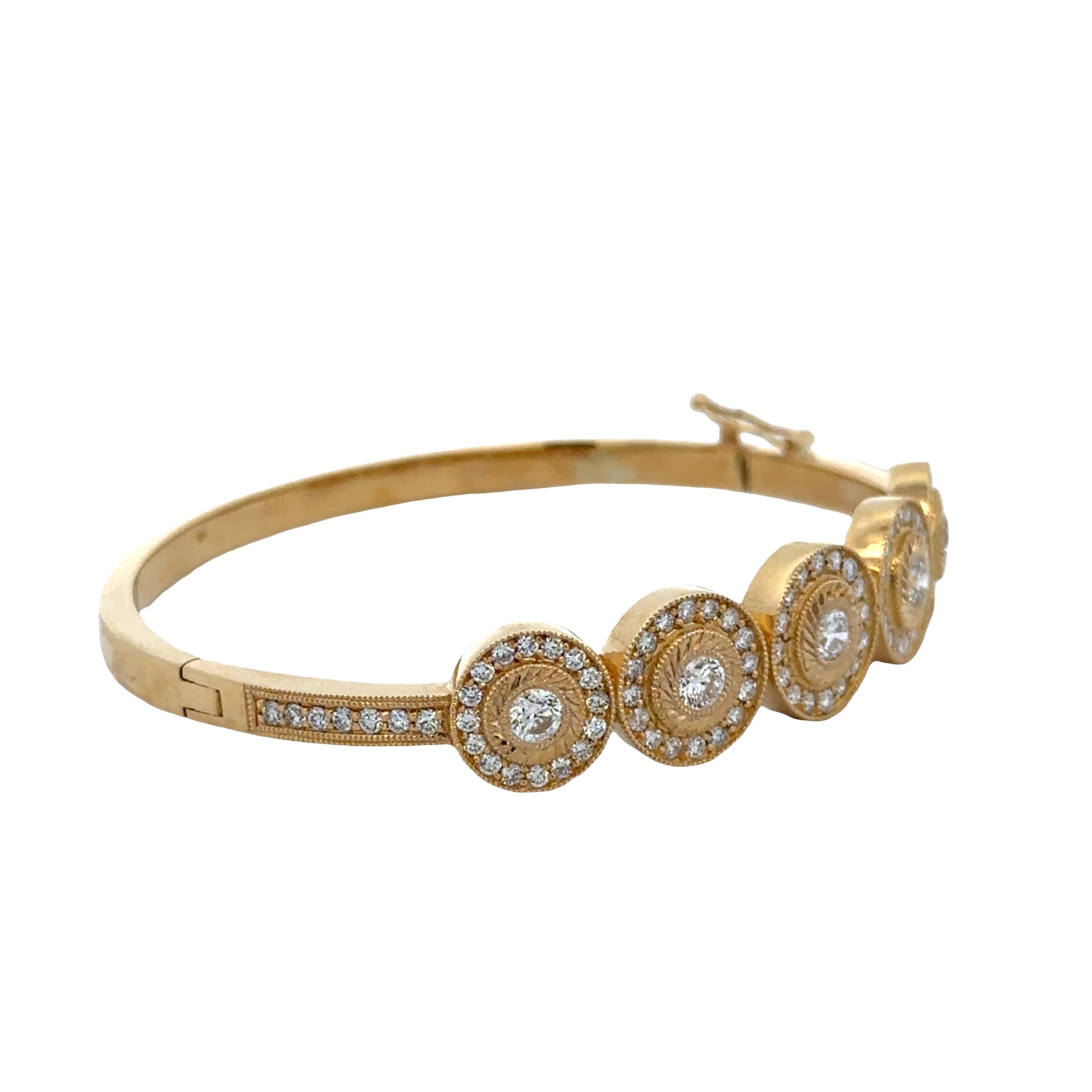 Substantial 18k Yellow Gold Diamond Halo Bangle Bracelet – 2.57 Carats Total Weight
