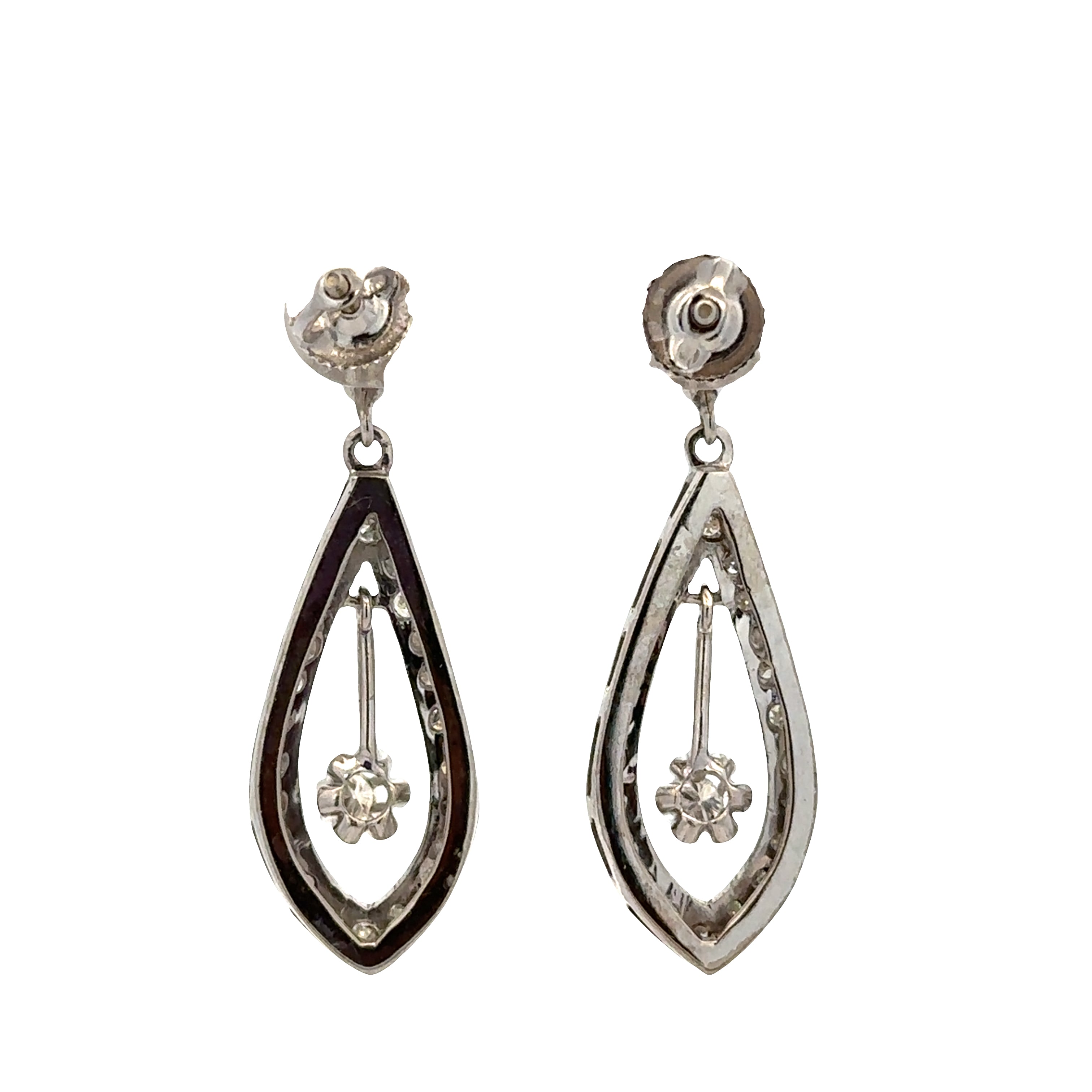 14k White Gold Teardrop Earrings with Dangling Diamond Centers – 0.74 CTW