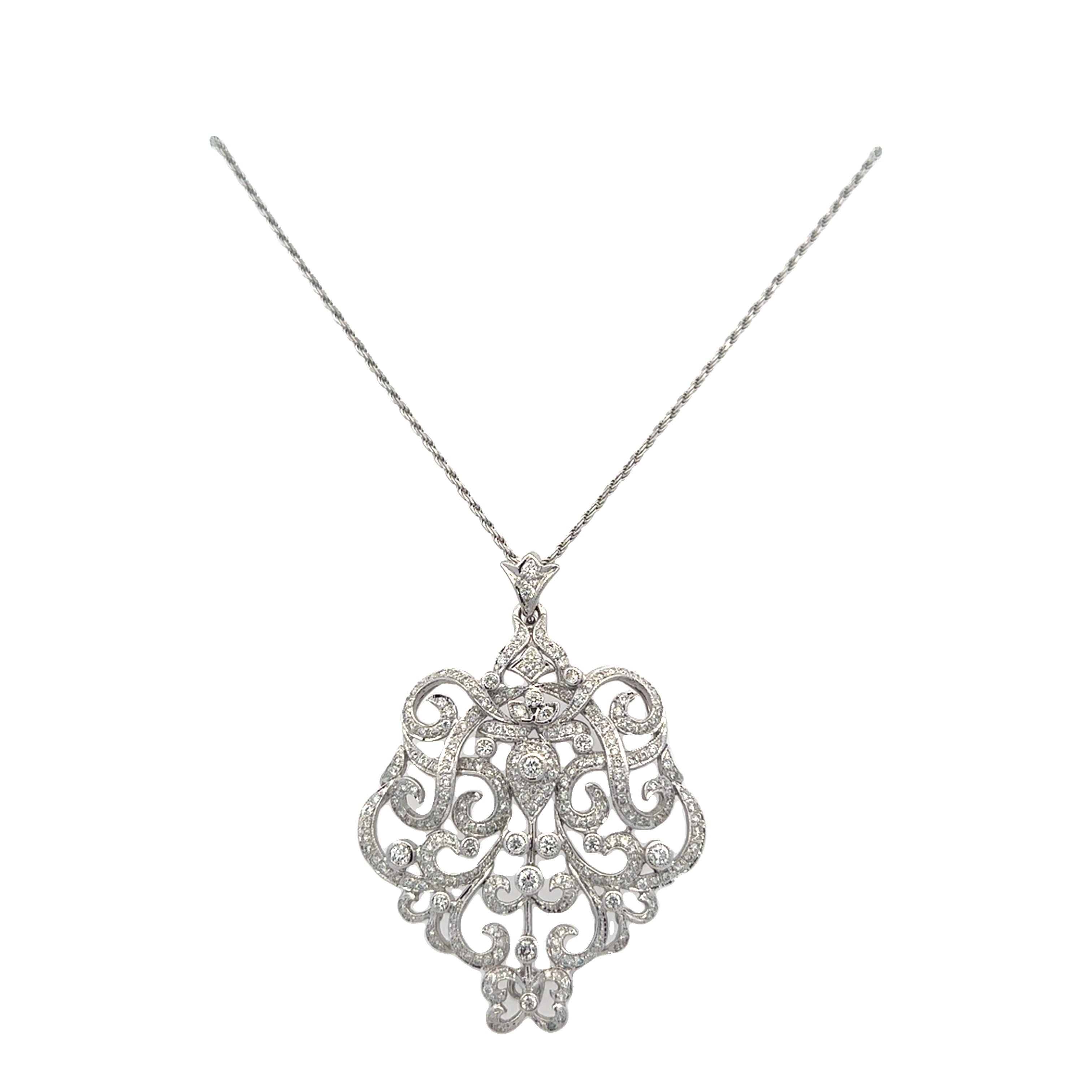Statement Vintage Inspired Openwork Diamond Pendant in White Gold
