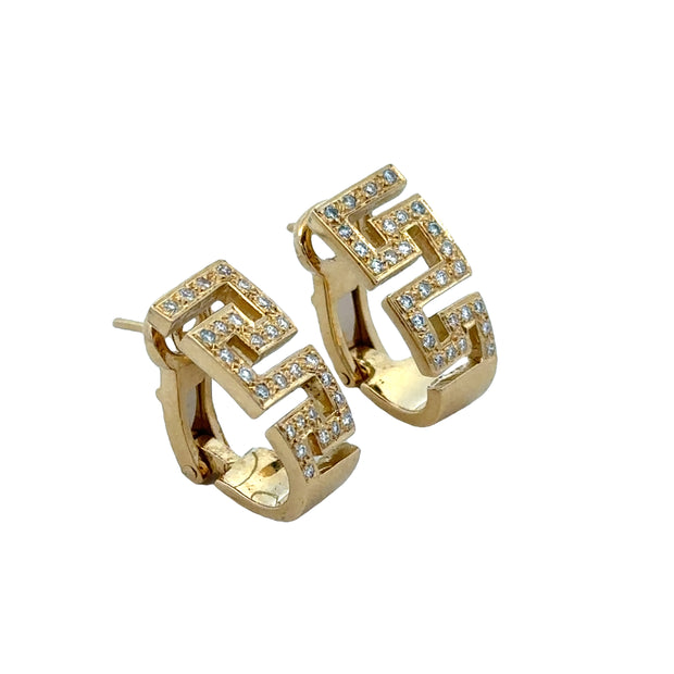 Greek Key Style Diamond Huggie Earrings in 18k Yellow Gold