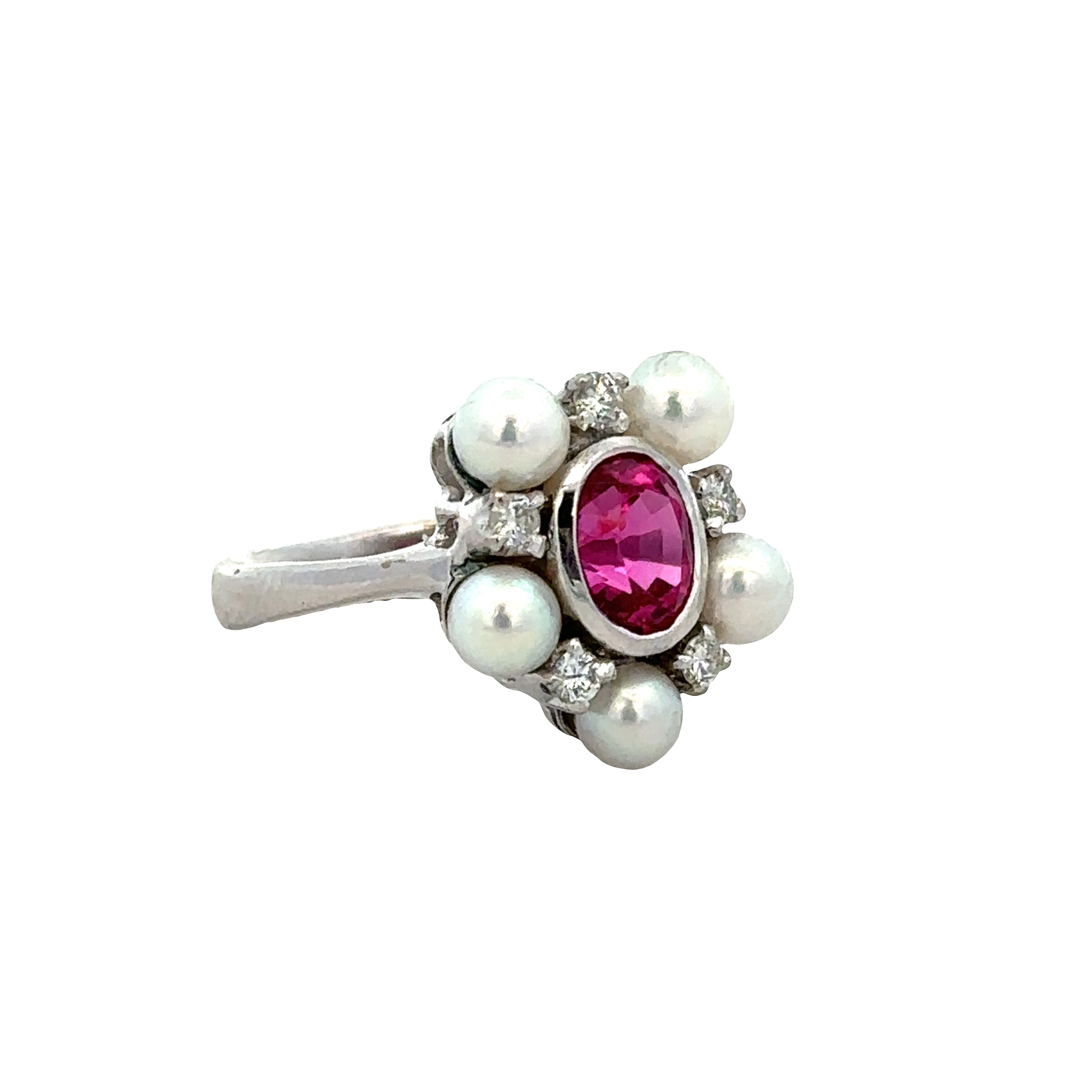 18k White Gold Pink Spinel, Pearl & Diamond Cluster Ring – Size 5.25