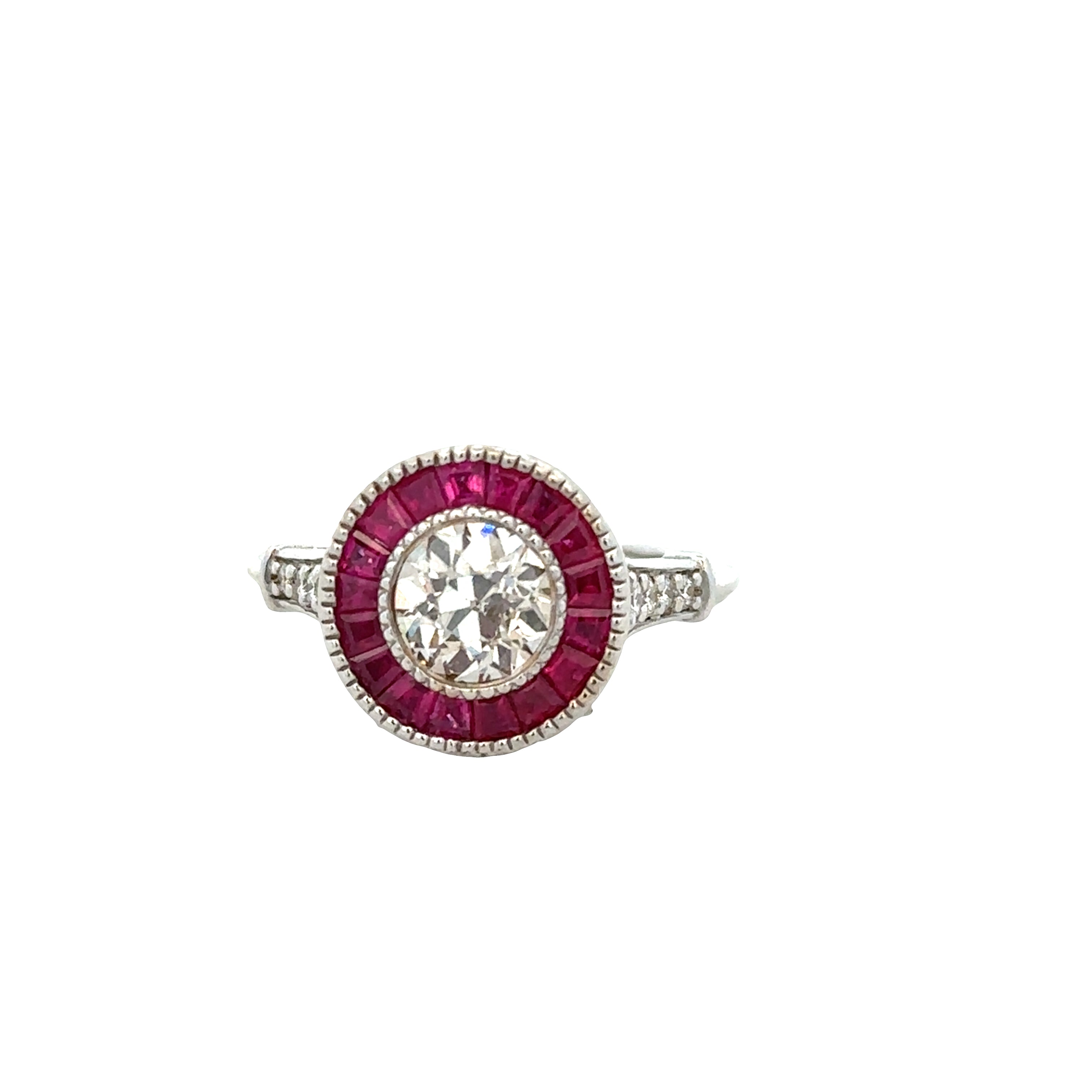 18k White Gold Old European Cut Diamond and Ruby Halo Ring