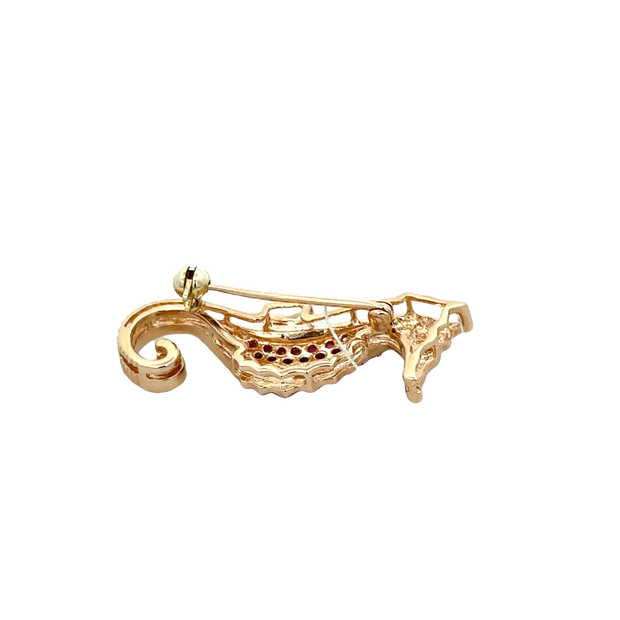 Vintage Ruby and Diamond Seahorse Brooch in Yellow Gold