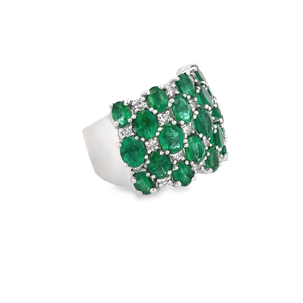 Wide Emerald and Diamond Ring in White Gold