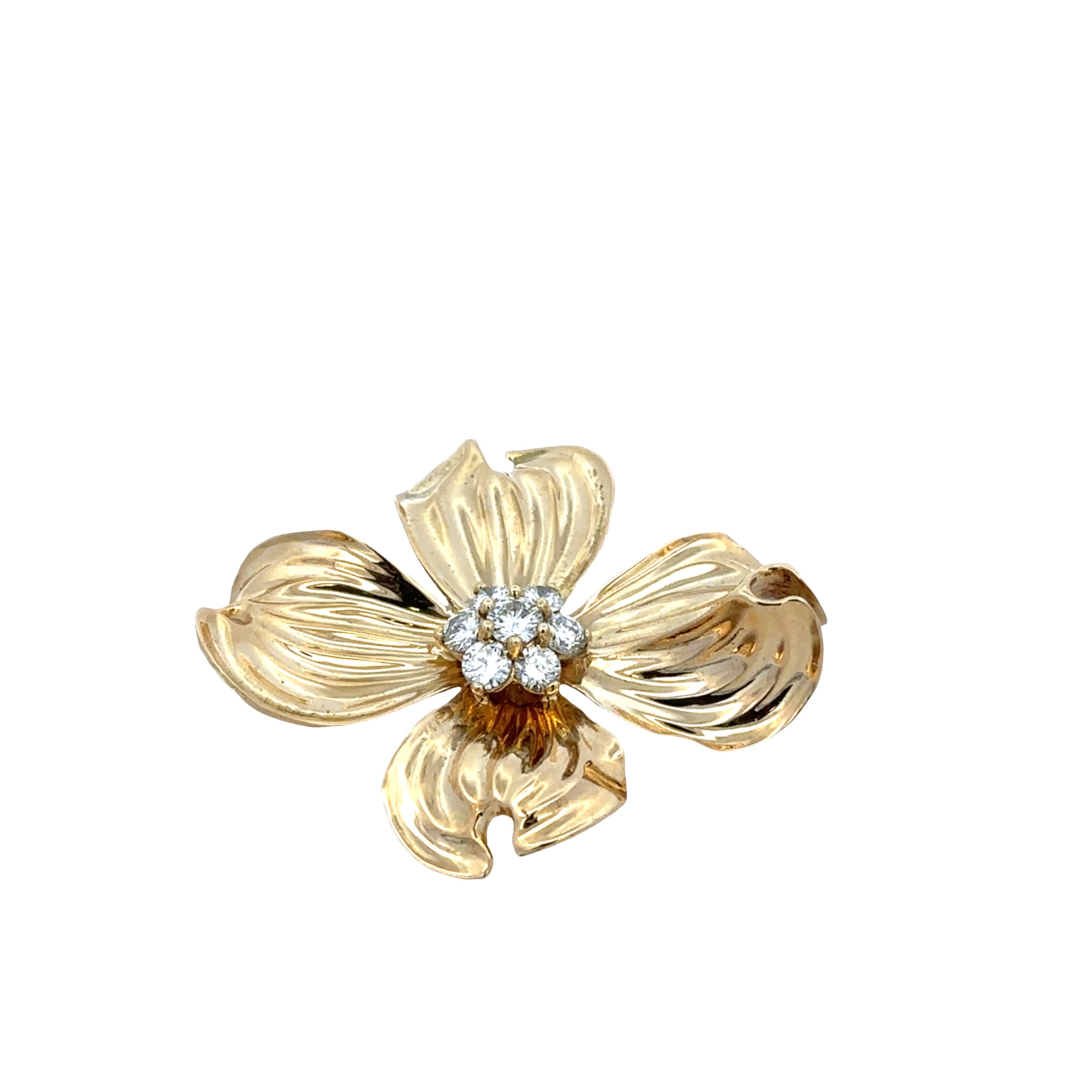 Vintage Textured Diamond Dogwood Brooch in 18k Yellow Gold