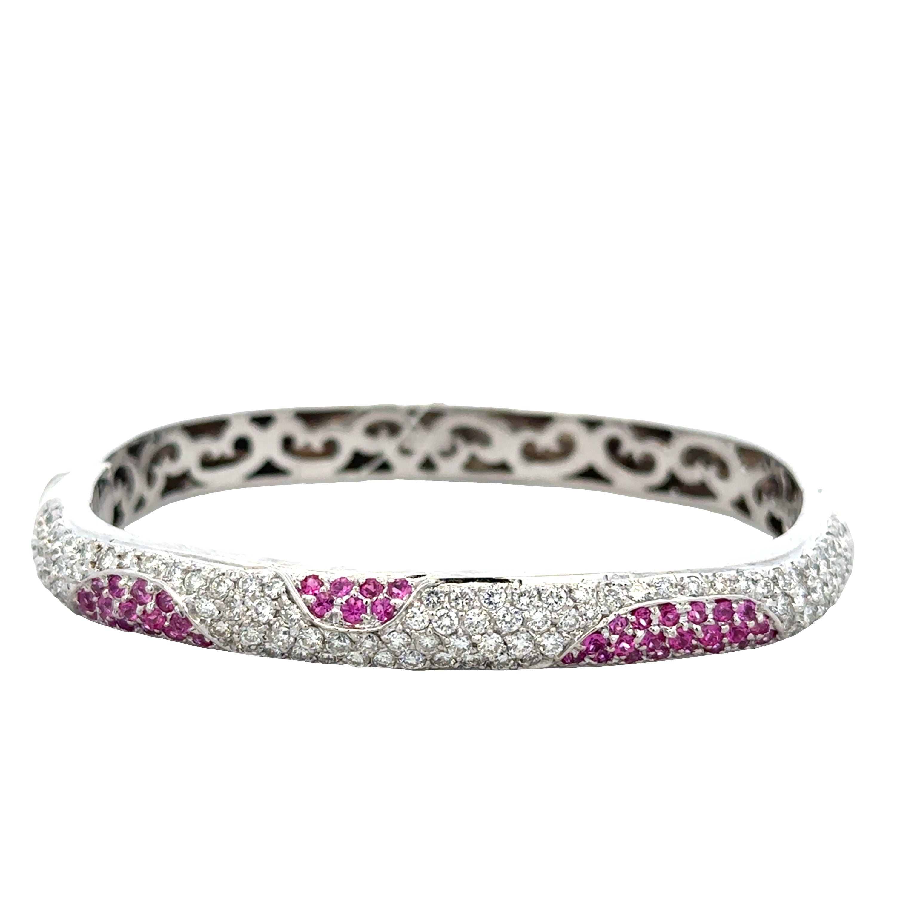 Estate 18k White Gold Pink Sapphire & Diamond Bangle – Fits 6"–6.75" Wrist