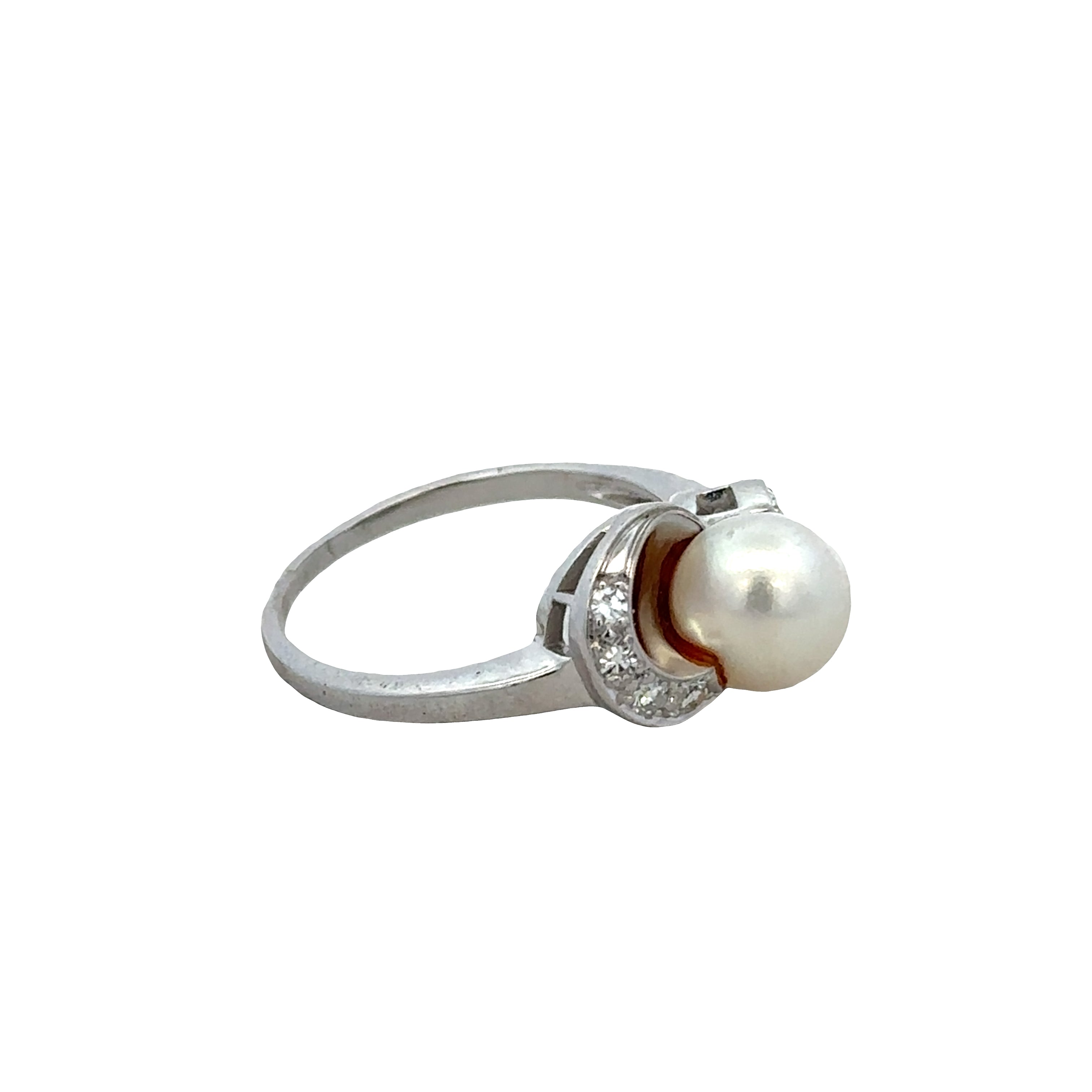 Vintage 18k White Gold Pearl & Diamond Ring – Size 6.25