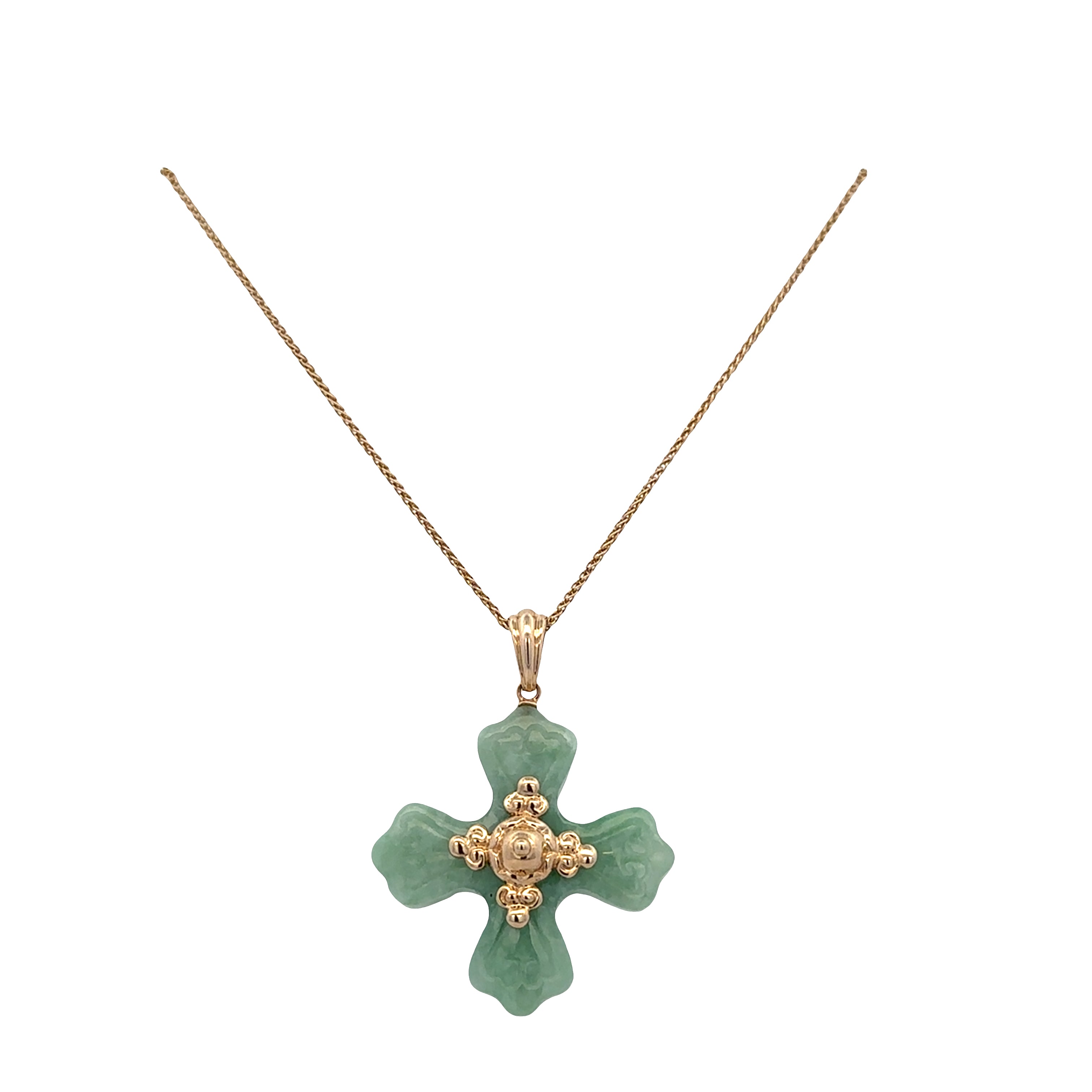 Vintage 14k Yellow Gold Jadeite Maltese/Celtic Cross Pendant – 24"