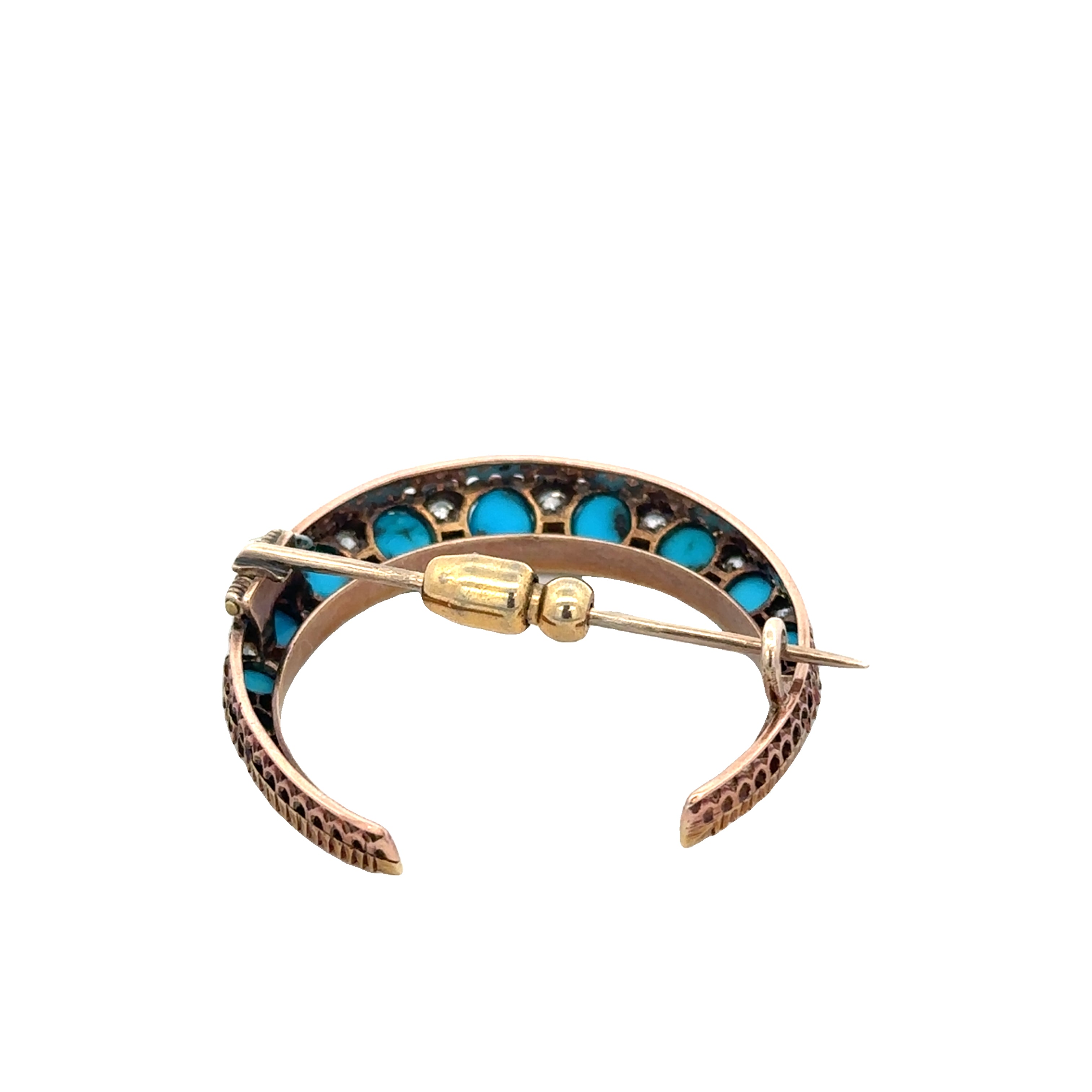 Antique Victorian Turquoise and Old Mine Cut Diamond Crescent Brooch in Yellow Gold