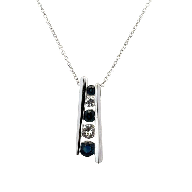 Vertical Blue and White Sapphire Pendant in White Gold