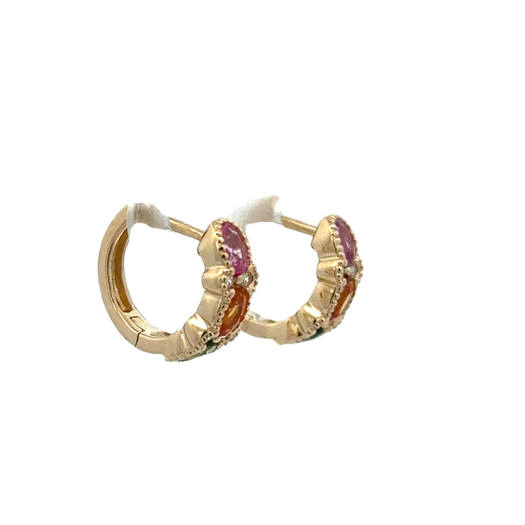 Multicolored Sapphire and Diamond Hoop Earrings in Yellow Gold