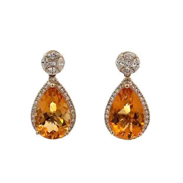 Teardrop Shaped Citrine and Diamond Earrings in Yellow Gold