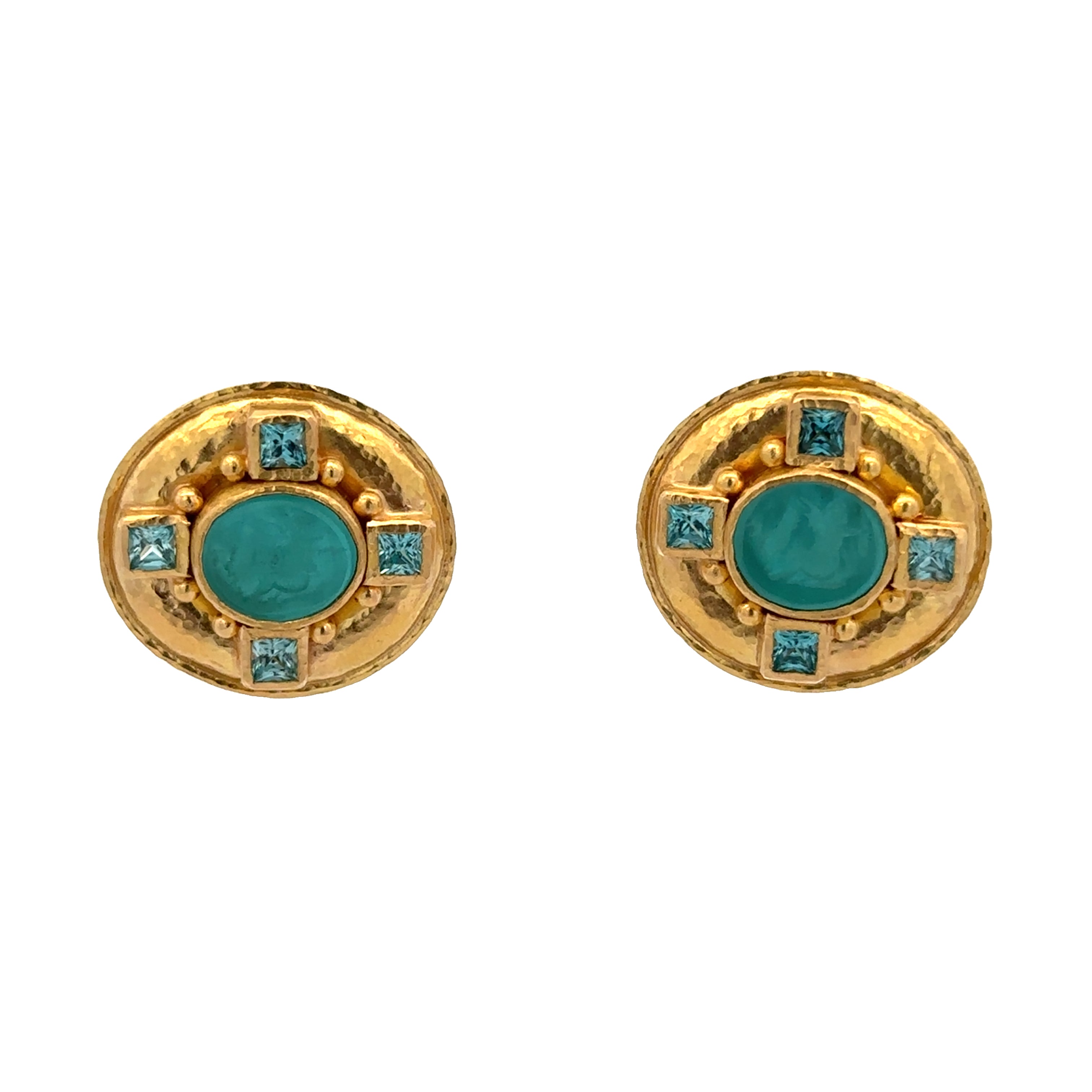 Estate Elizabeth Locke Blue Topaz Intaglio Earrings in 19k Yellow Gold