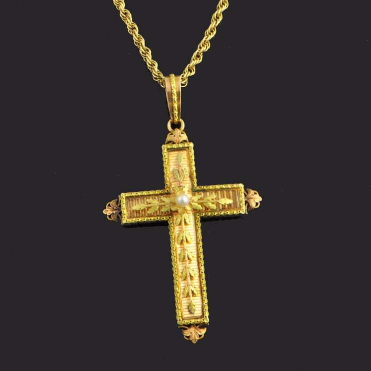 Floral Cross Pendant in Two Tone Gold