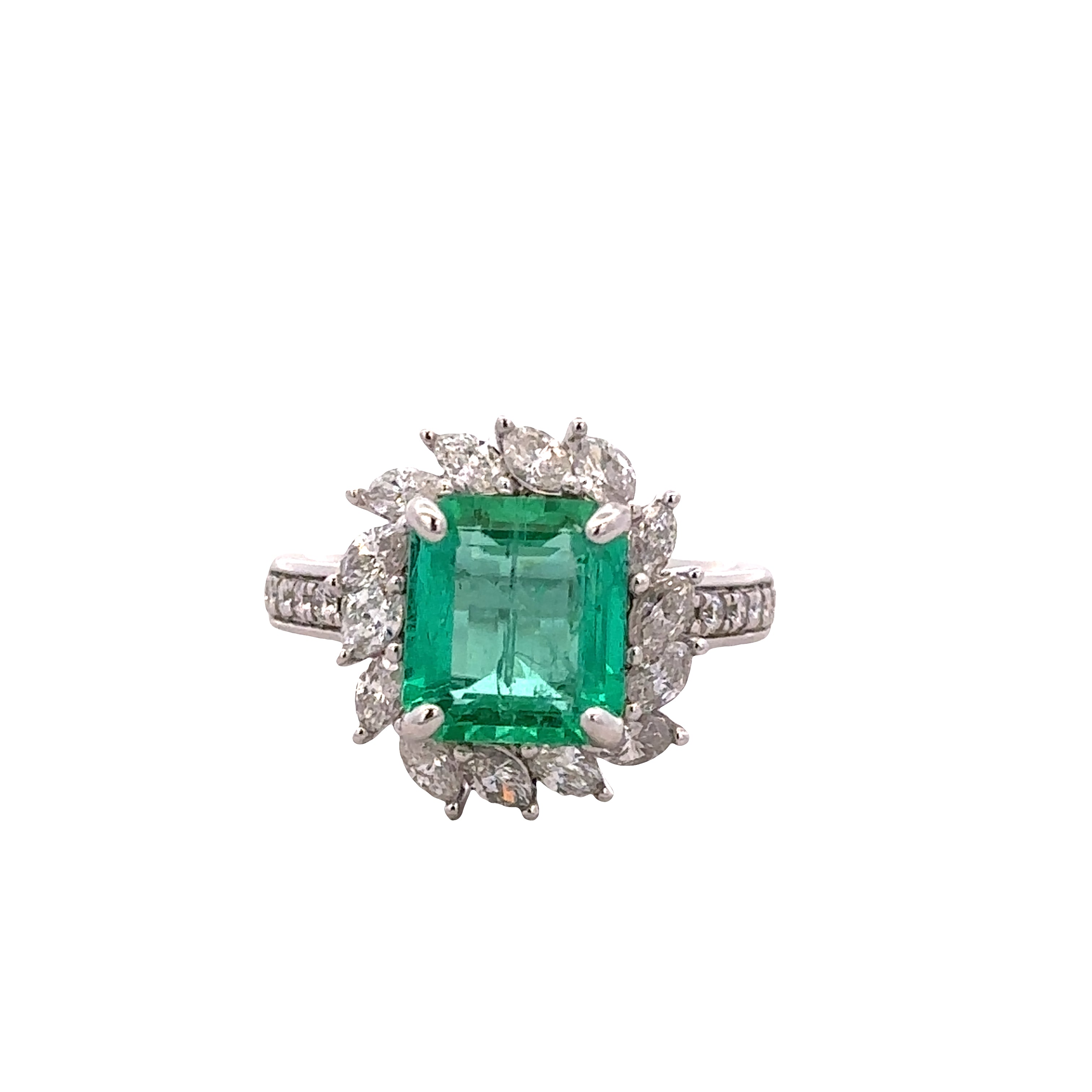 Platinum Emerald and Marquise Diamond Halo Ring – Size 6