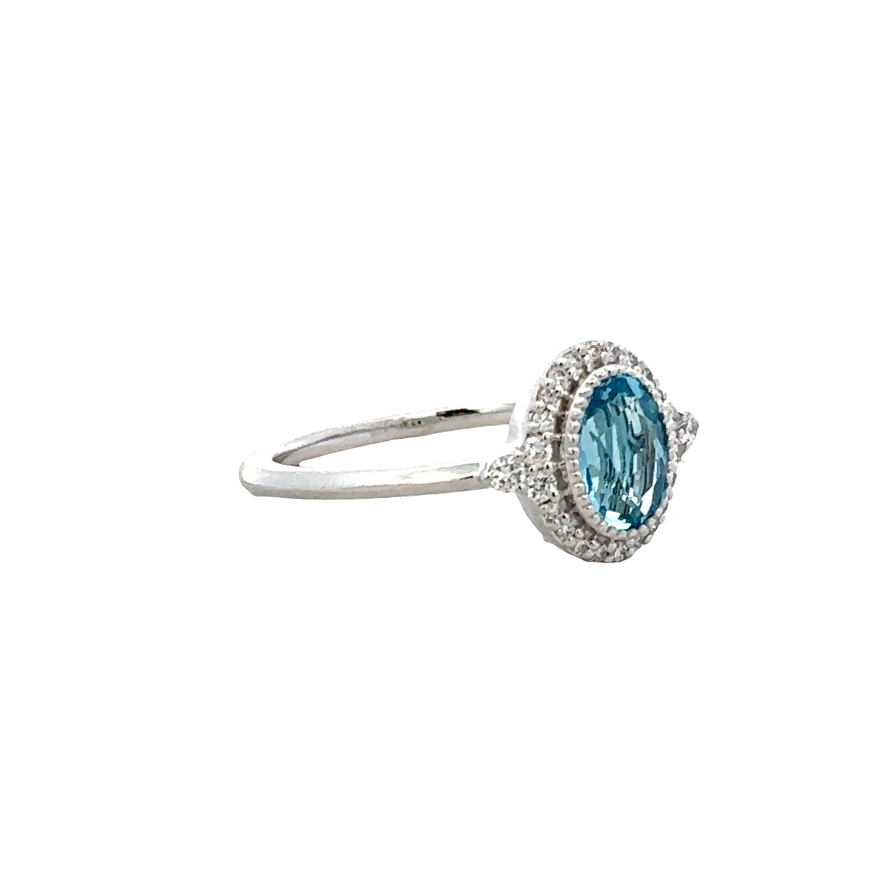 14k White Gold Blue Topaz and Diamond Halo Ring – Size 7.25