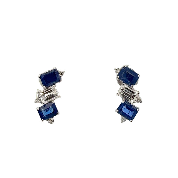 Unique Blue Sapphire and Baguette Diamond Earrings in White Gold