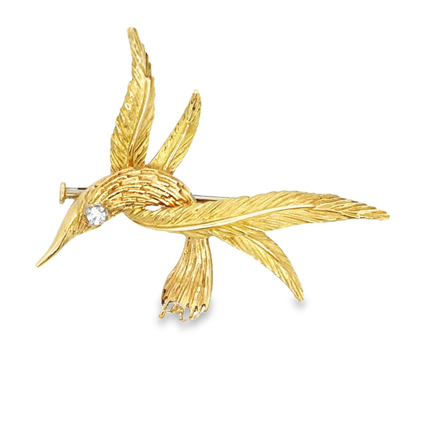 Vintage 18k Yellow Gold Diamond Bird Brooch