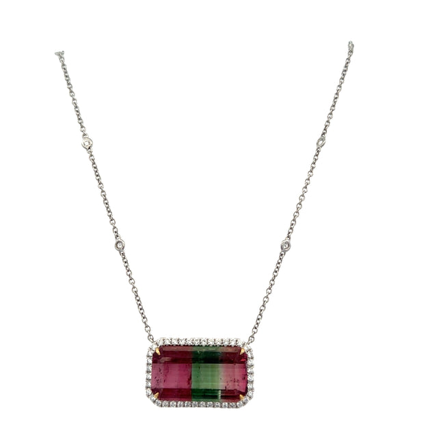 Watermelon Tourmaline and Diamond Necklace in 18k White Gold