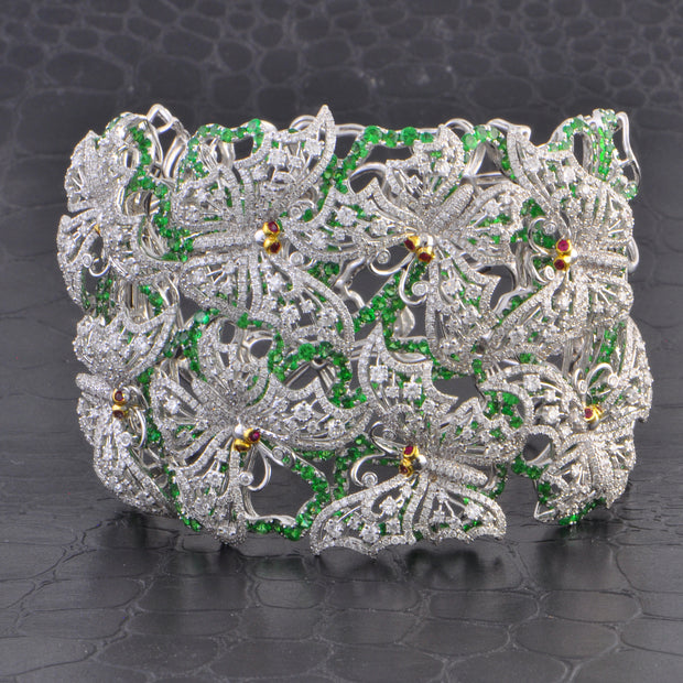 Spectacular Diamond, Tsavorite Garnet, and Ruby Butterfly Cuff Bracelet in White Gold