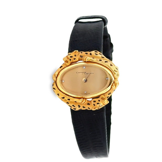 Vintage Carrera y Carrerra 1970s Leopard Diamonds Enamel Ladies Wristwatch