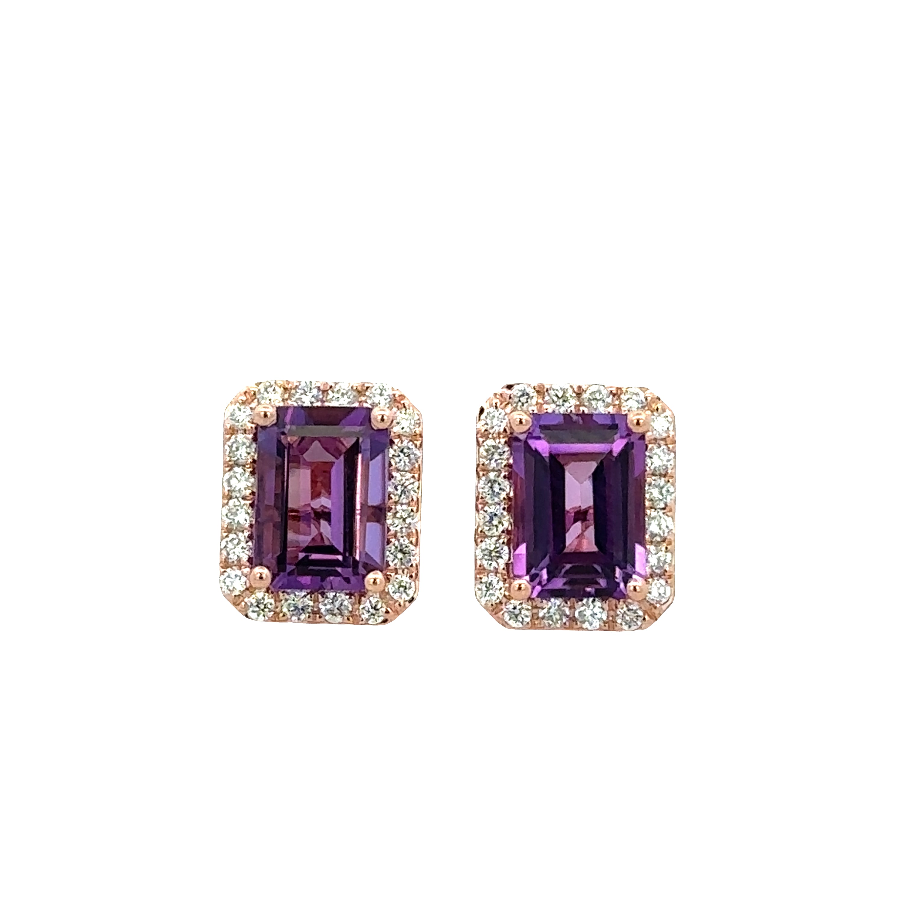14k Rose Gold Amethyst & Diamond Halo Stud Earrings