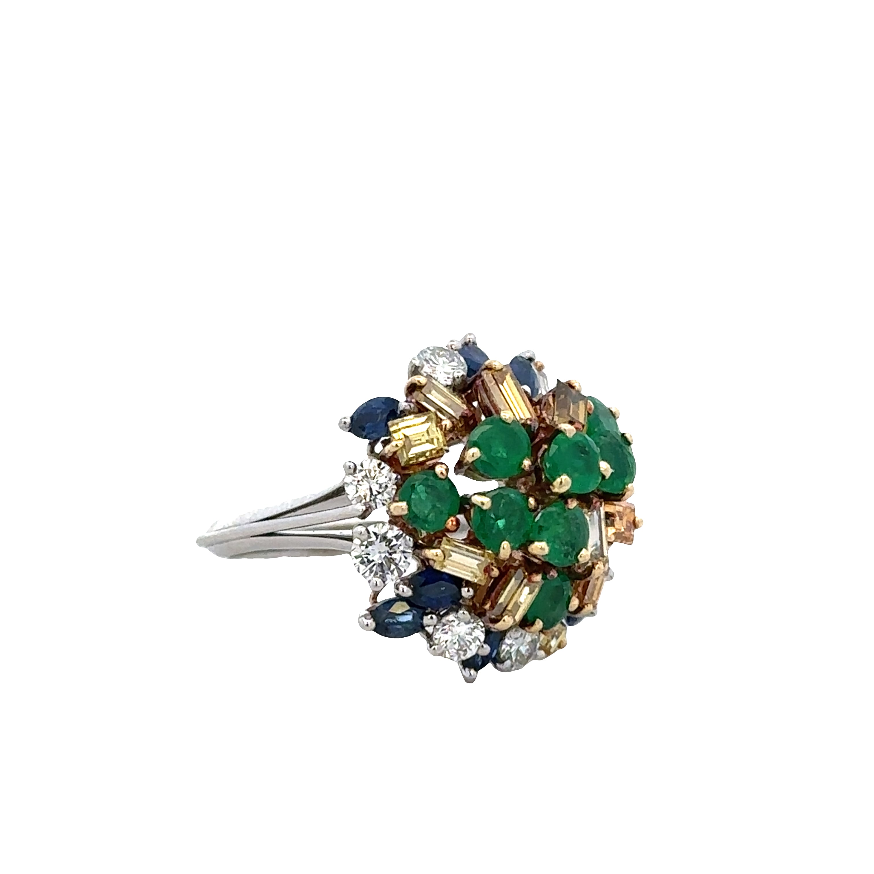 Unique Vintage Platinum & 18k Yellow Gold Domed Cluster Ring with Emeralds, Sapphires & Fancy Yellow Diamonds