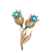 Vintage Turquoise Cabochon and Diamond Flower Brooch in Yellow Gold