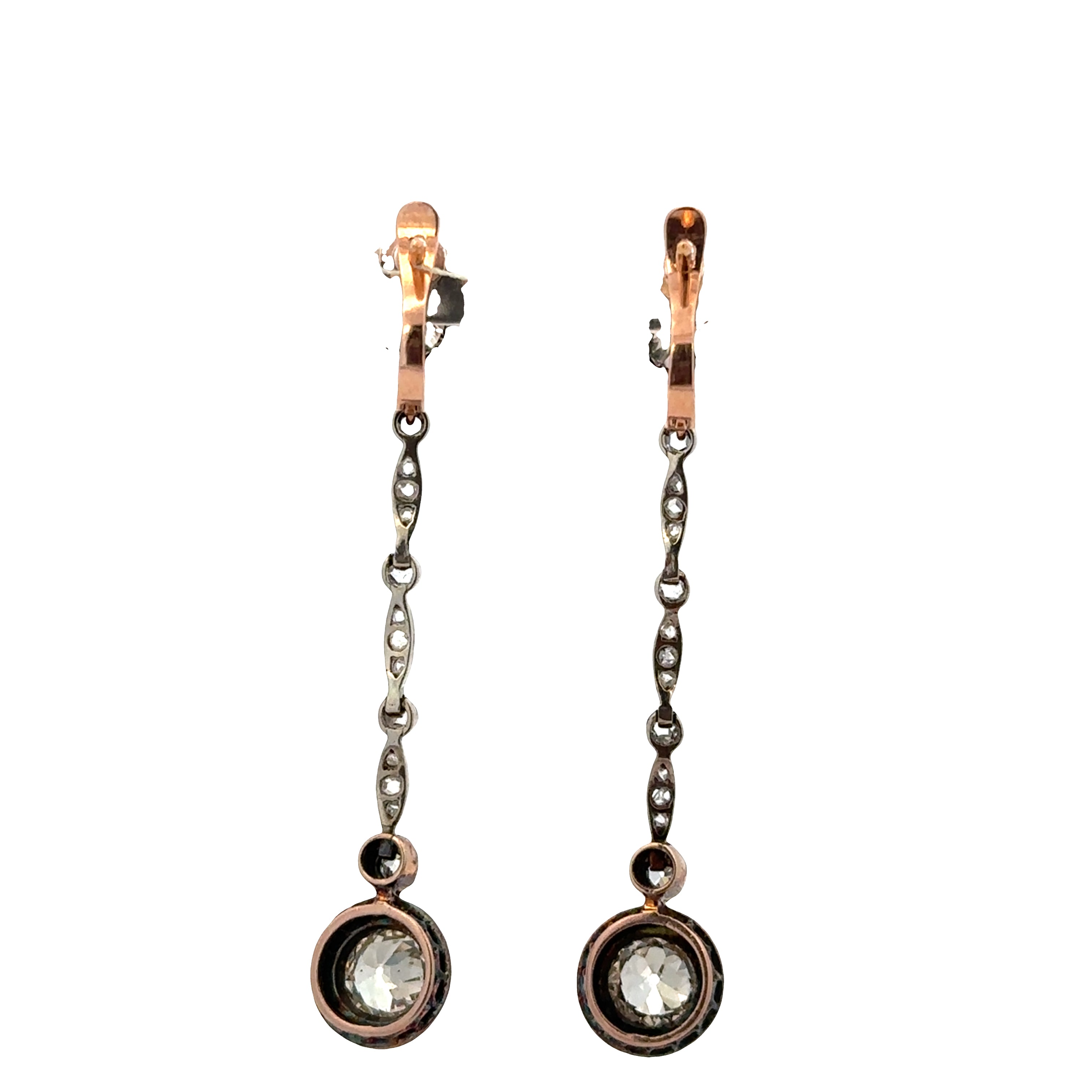 Antique Victorian Silver and Rose Gold Diamond Drop Earrings