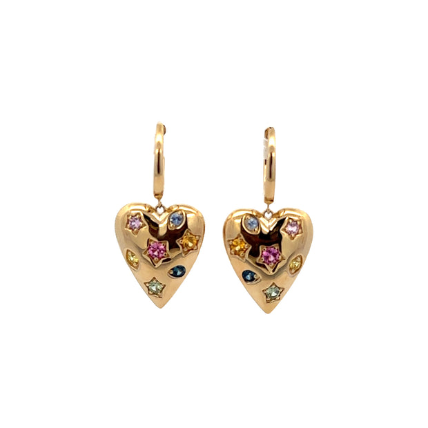 Multicolored Sapphire Heart Earrings in Yellow Gold