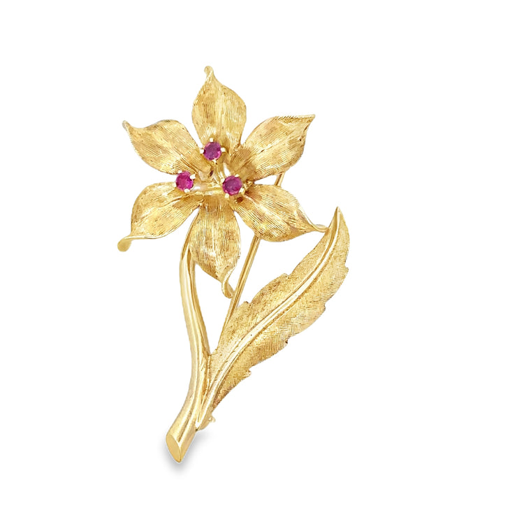 Vintage 1960s Ruby Flower Brooch in Yellow Gold