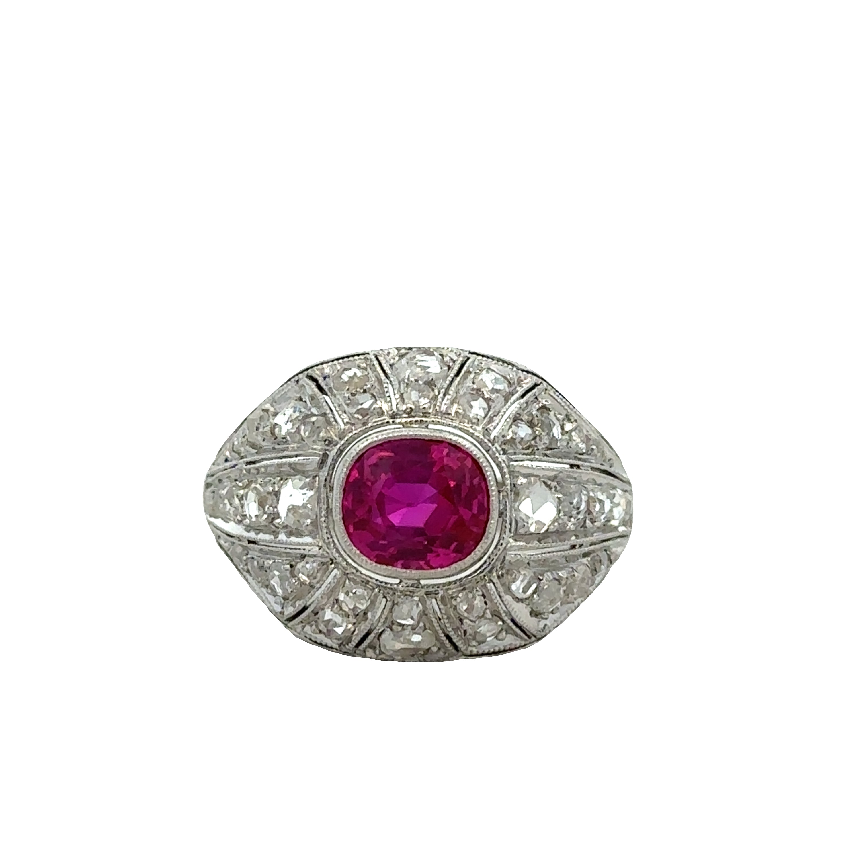 Art Deco Platinum Ruby & Rose Cut Diamond Filigree Ring – Size 5.25