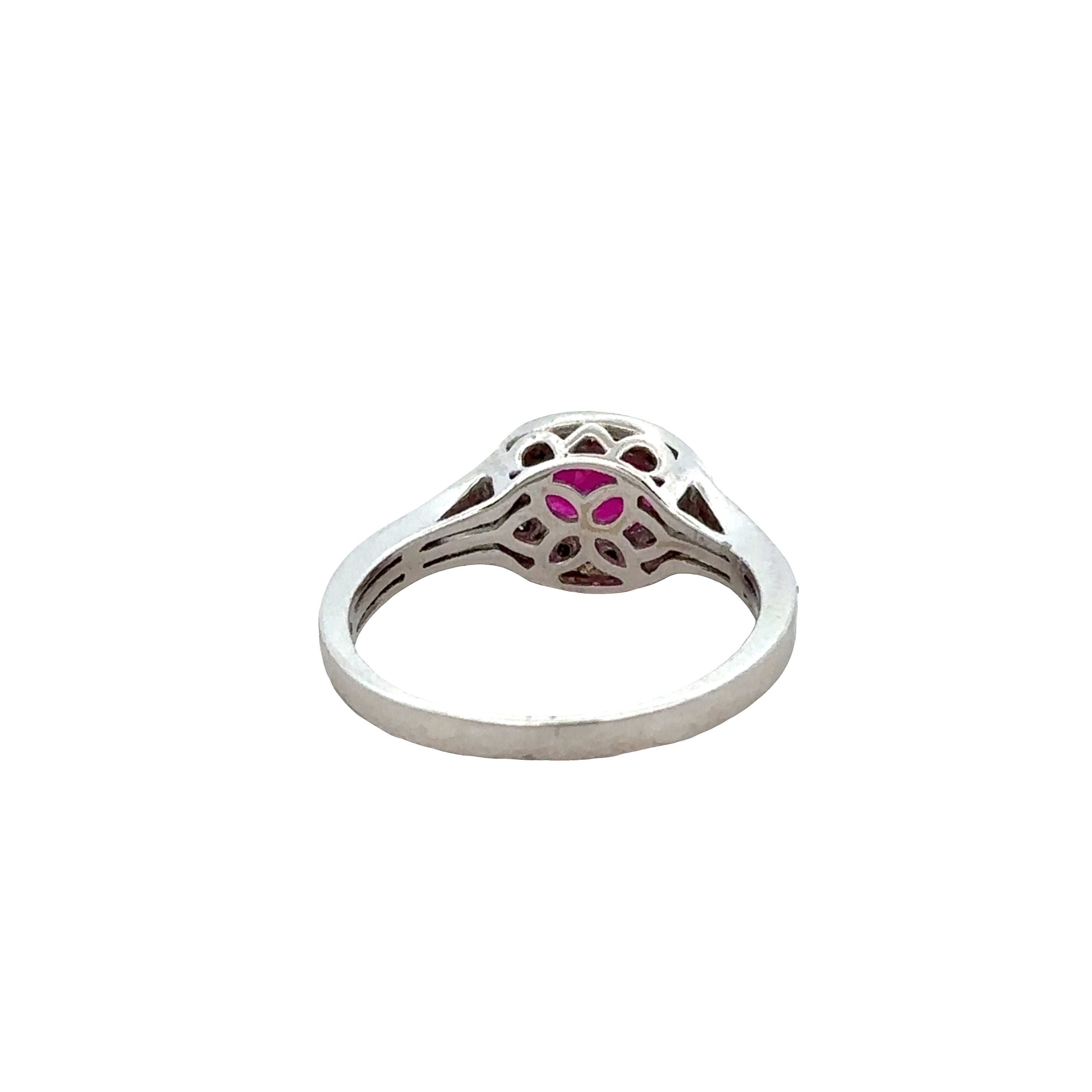 14k White Gold Ruby & Diamond Halo Ring – Size 7