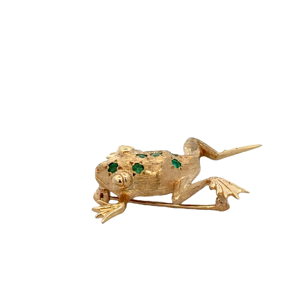 Vintage Emerald Frog Brooch in Yellow Gold