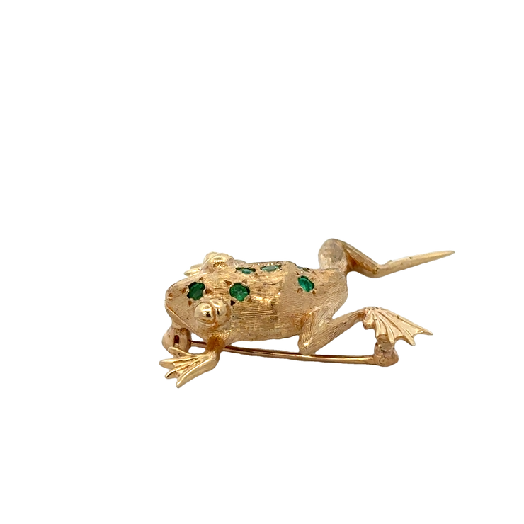 Vintage Emerald Frog Brooch in Yellow Gold